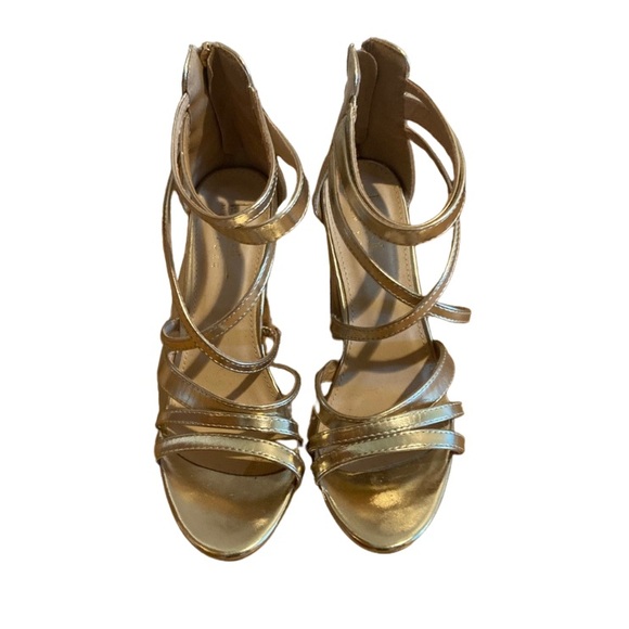 Nicole Miller Metallic Gold Strappy Chunky Heels Size 8 - Picture 7 of 12